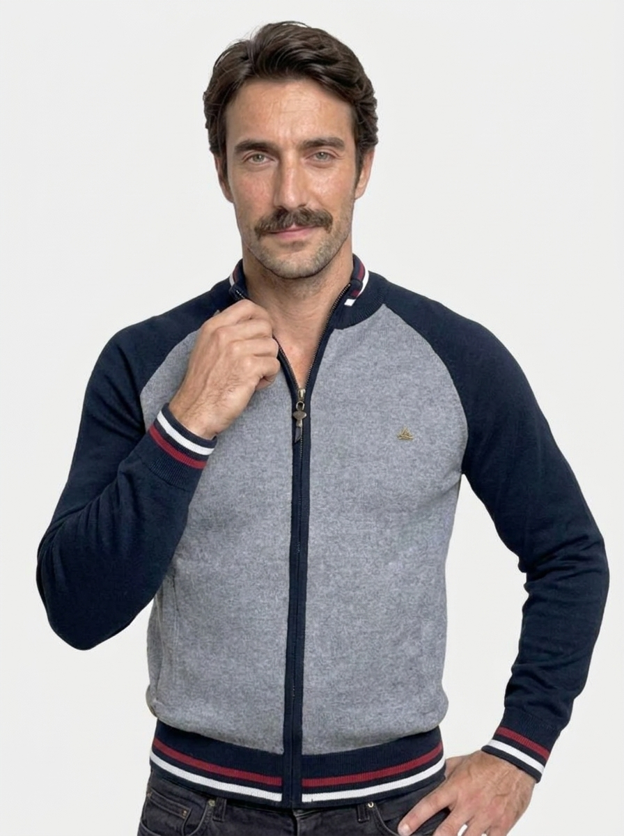 Zipper Color Block Standing Collar Cardigan Sweater - Montierri