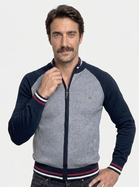 Zipper Color Block Standing Collar Cardigan Sweater - Montierri
