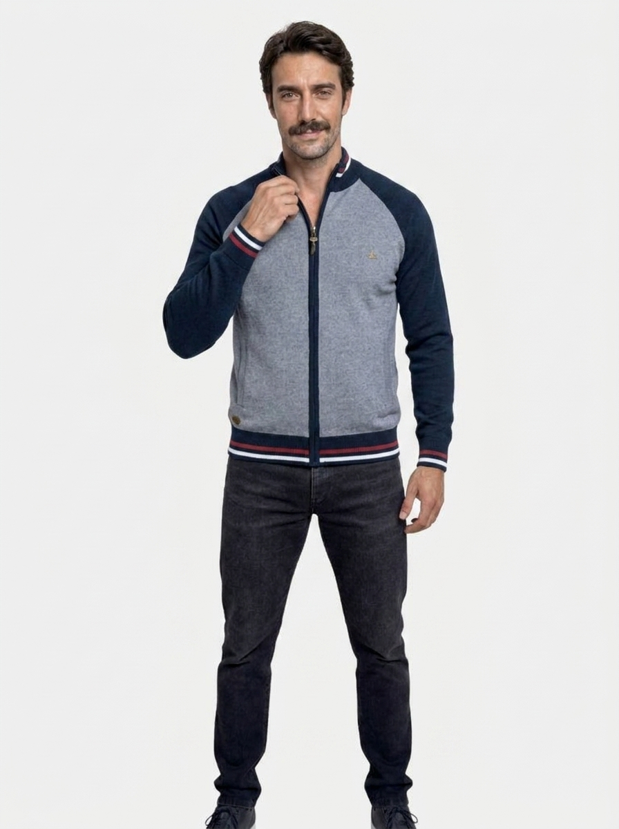 Zipper Color Block Standing Collar Cardigan Sweater - Montierri