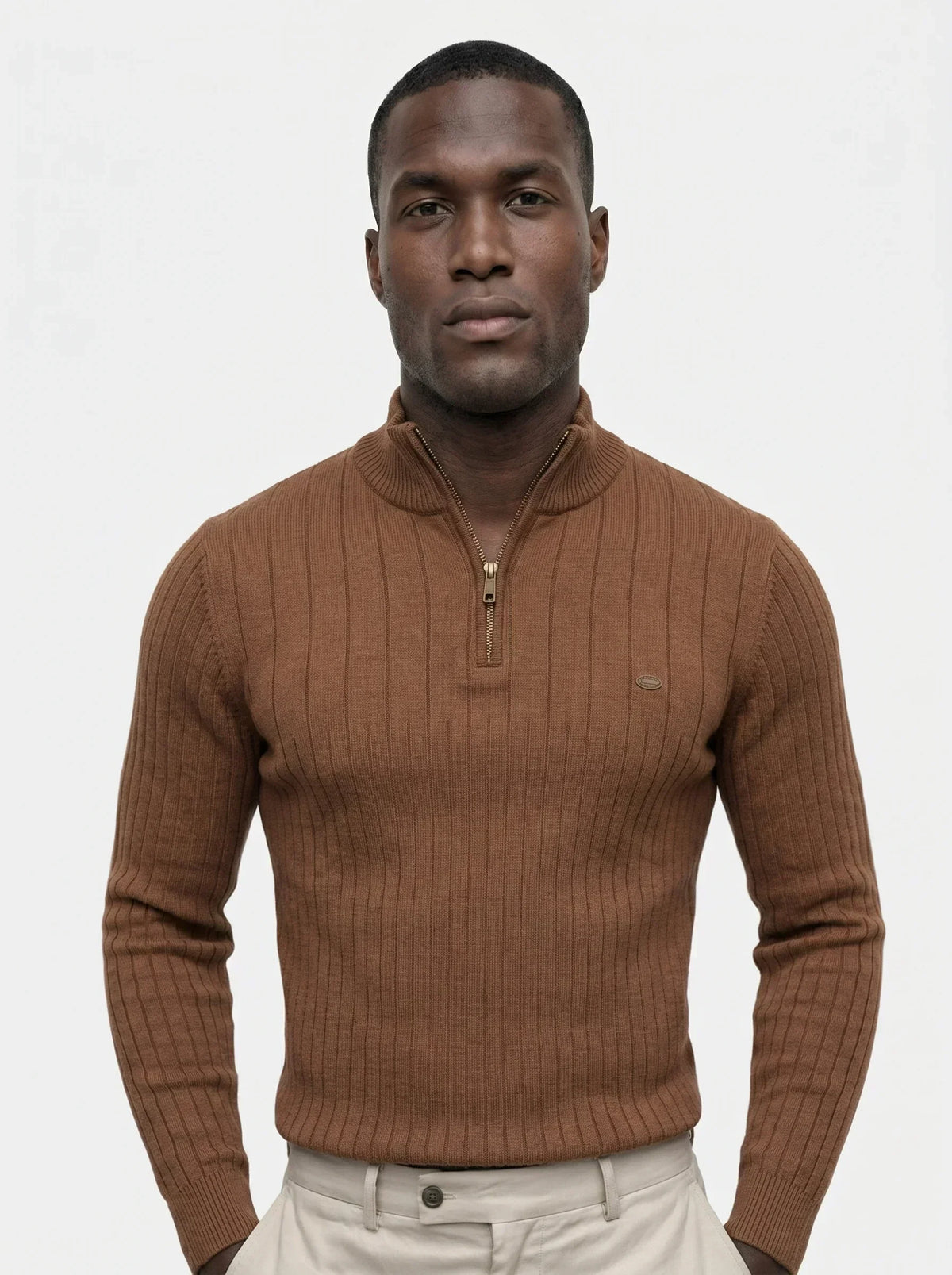 Cotton Knit Vertical Stripes Quarter-Zip Sweater | Bellmont Society