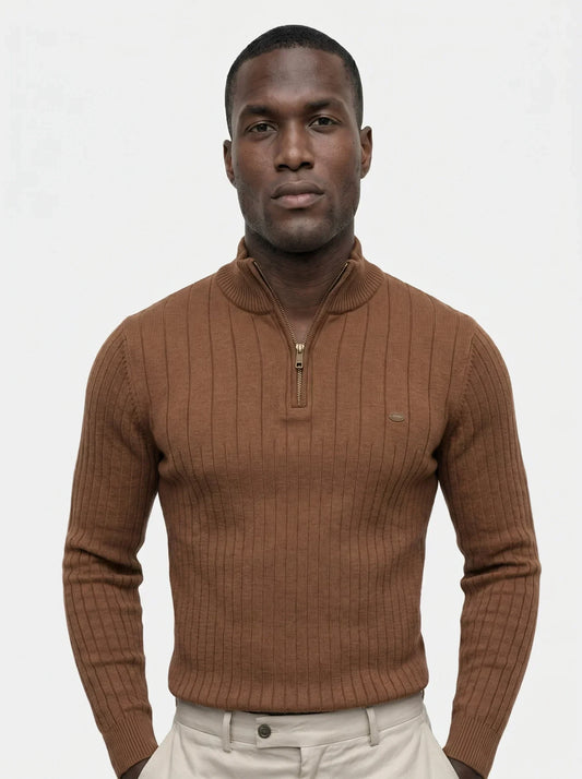 Cotton Knit Vertical Stripes Quarter-Zip Sweater | Bellmont Society