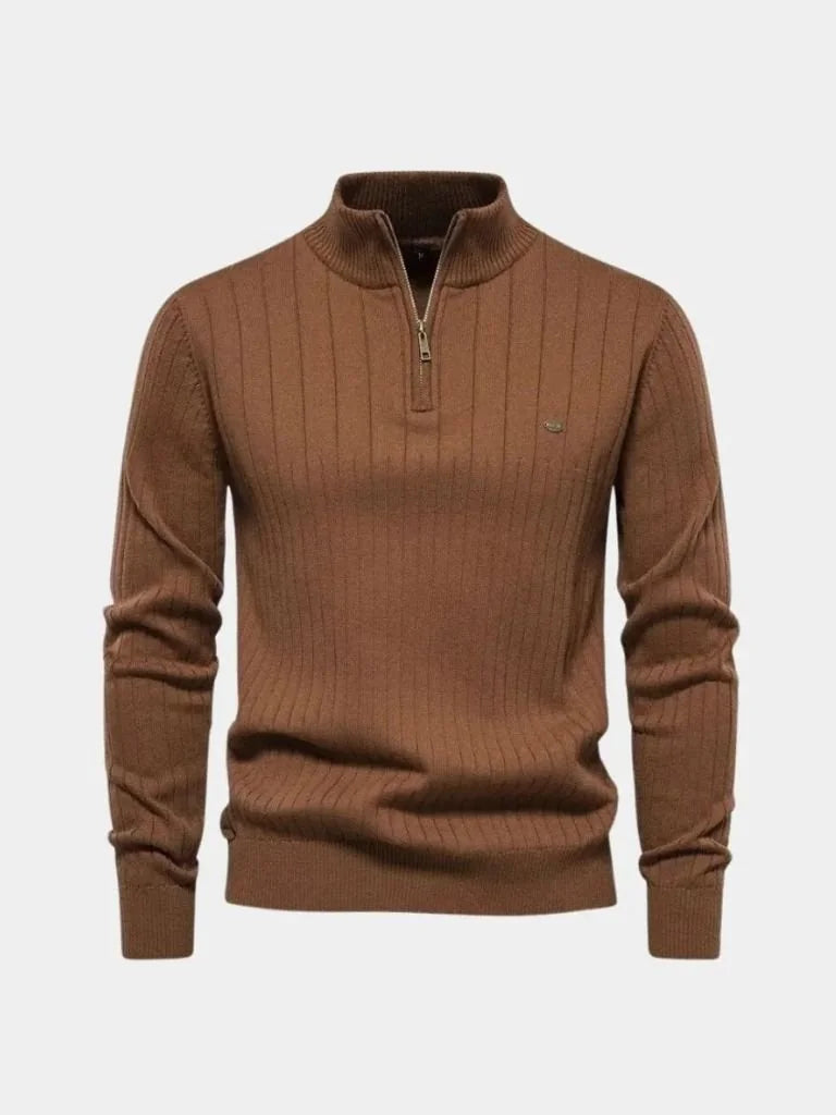 Cotton Knit Vertical Stripes Quarter-Zip Sweater | Bellmont Society