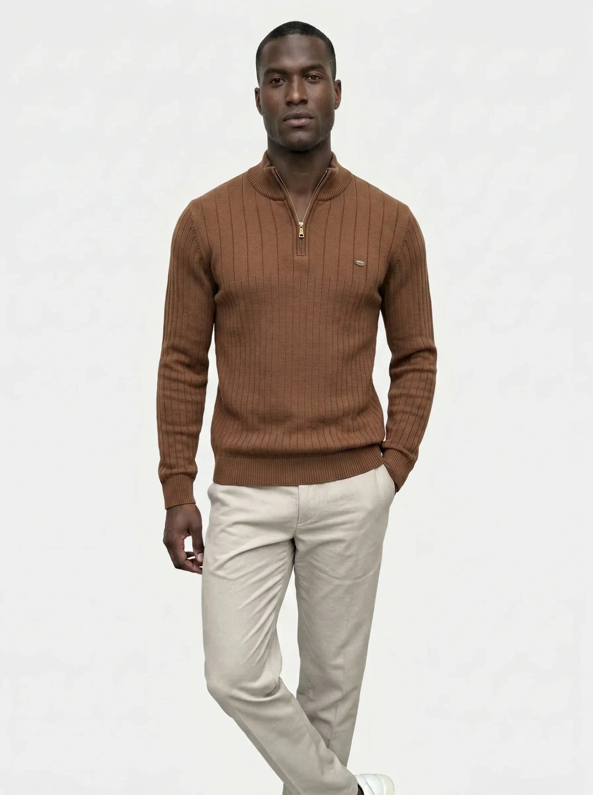 Cotton Knit Vertical Stripes Quarter-Zip Sweater | Bellmont Society