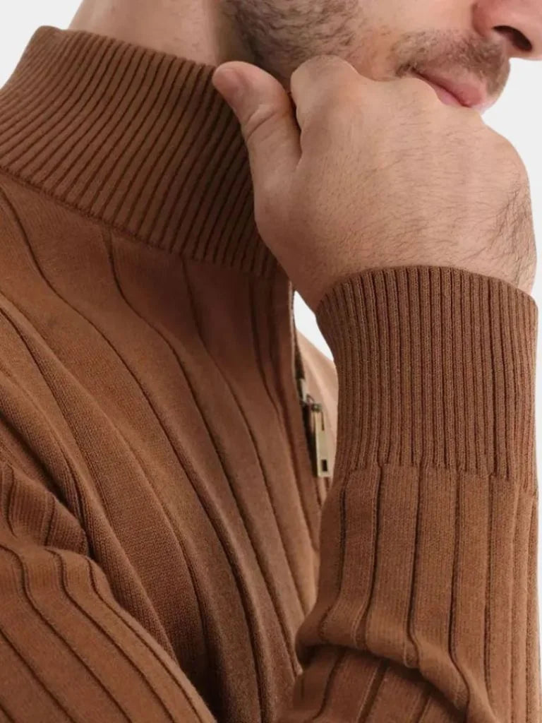 Cotton Knit Vertical Stripes Quarter-Zip Sweater | Bellmont Society