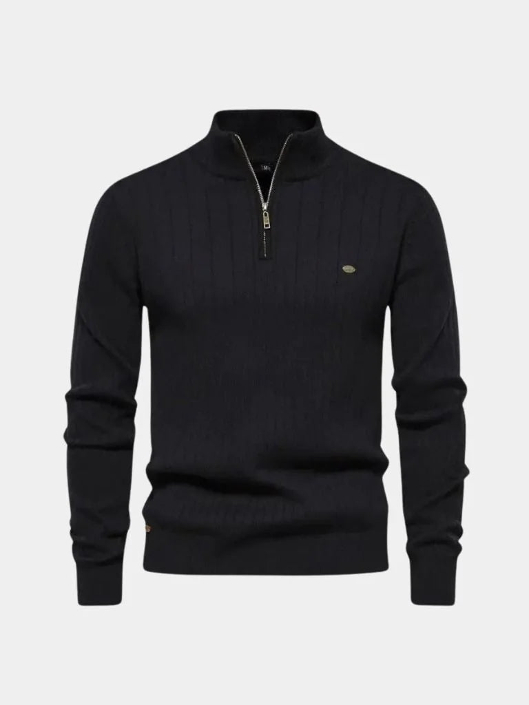 Cotton Knit Vertical Stripes Quarter-Zip Sweater | Bellmont Society