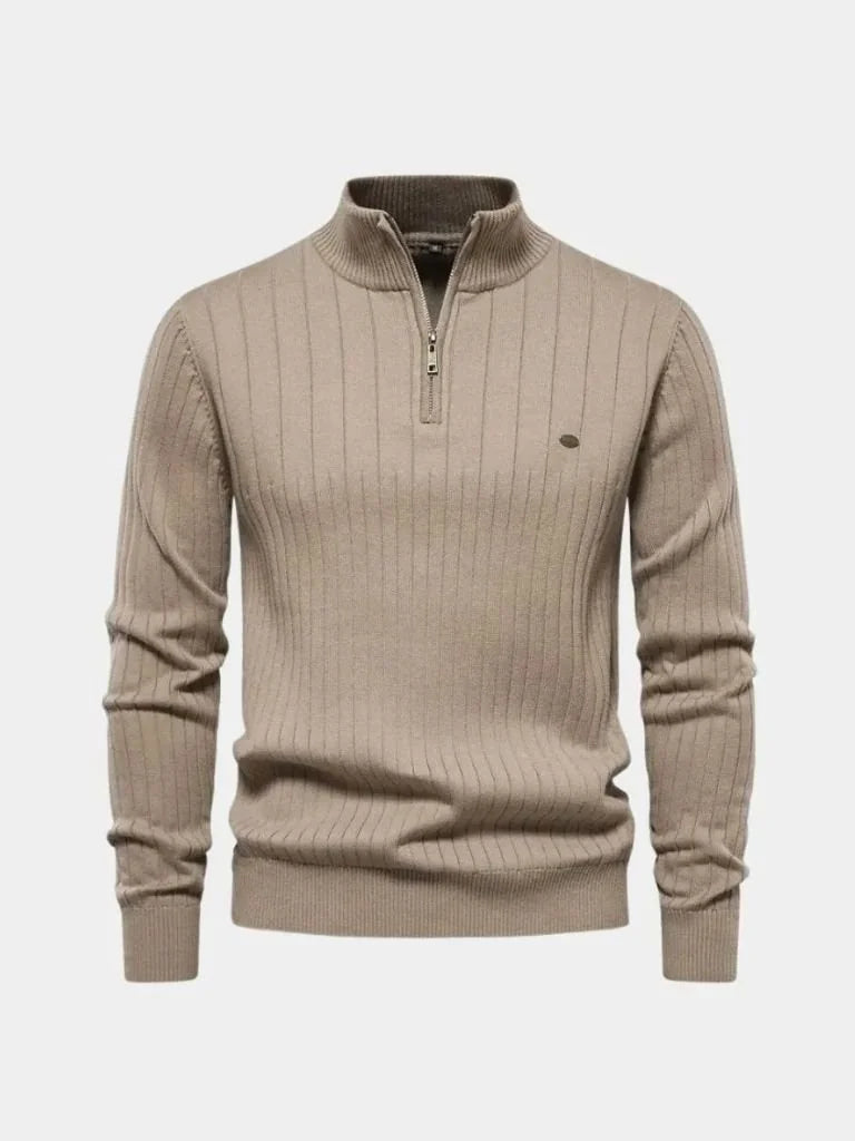 Cotton Knit Vertical Stripes Quarter-Zip Sweater | Bellmont Society