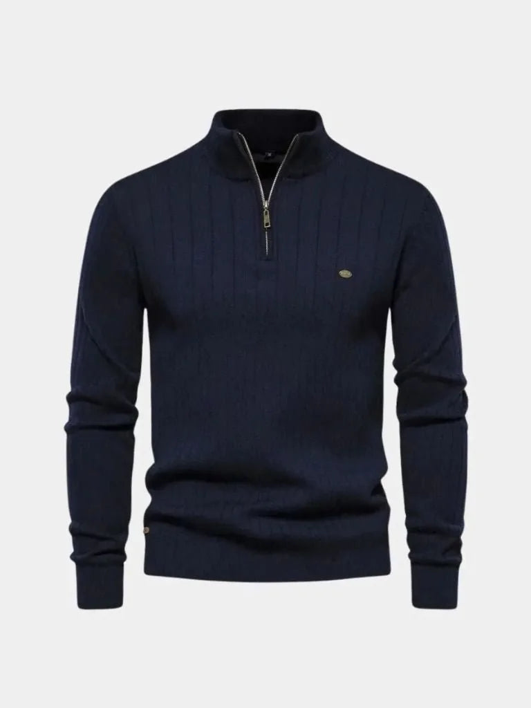 Cotton Knit Vertical Stripes Quarter-Zip Sweater | Bellmont Society