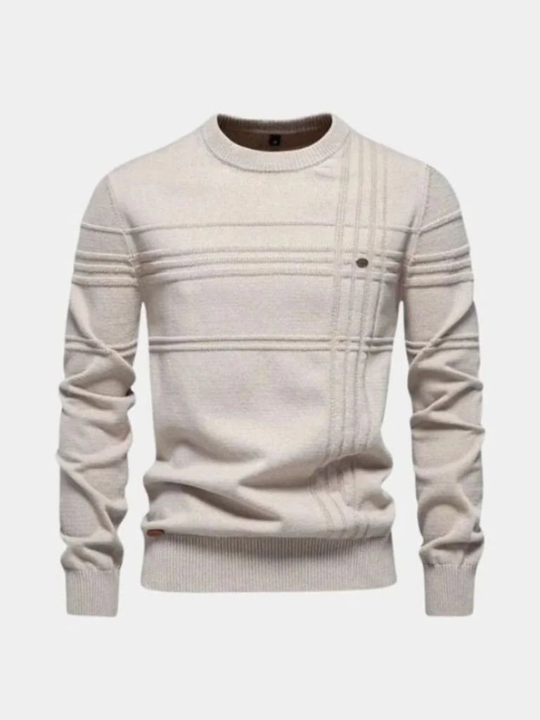 Cotton Knitted Stripped Crew Neck Pullover Sweater | Bellmont Society