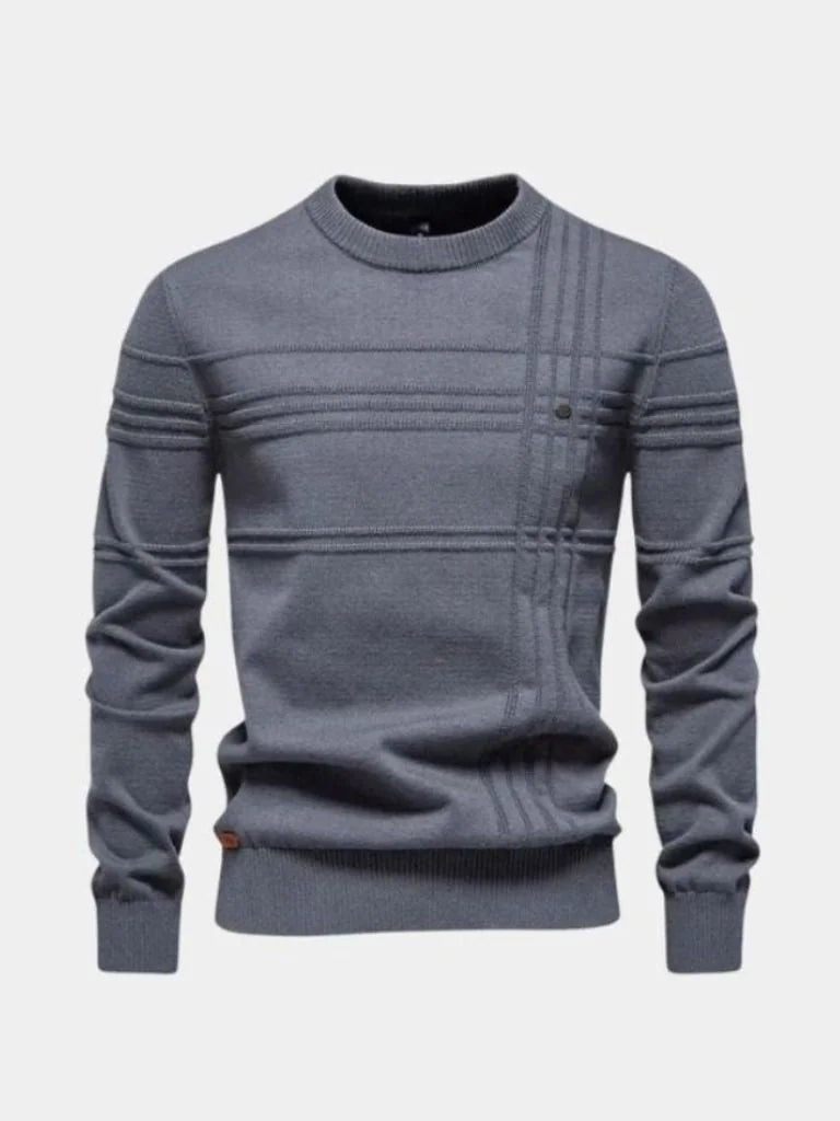 Cotton Knitted Stripped Crew Neck Pullover Sweater | Bellmont Society