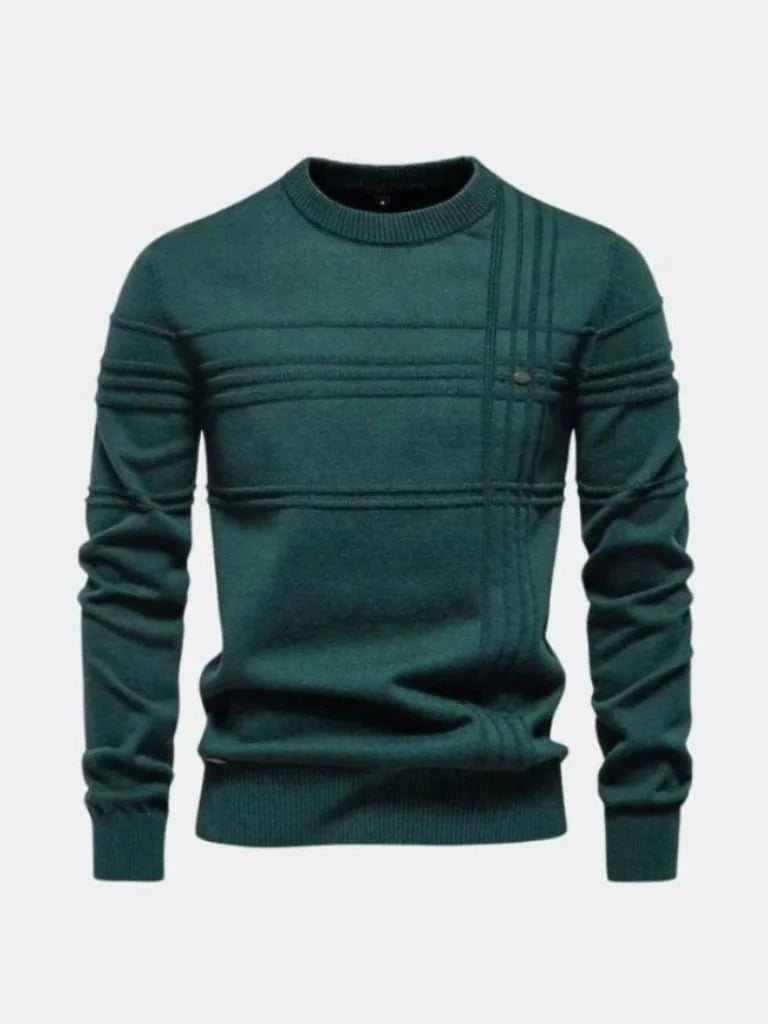 Cotton Knitted Stripped Crew Neck Pullover Sweater | Bellmont Society