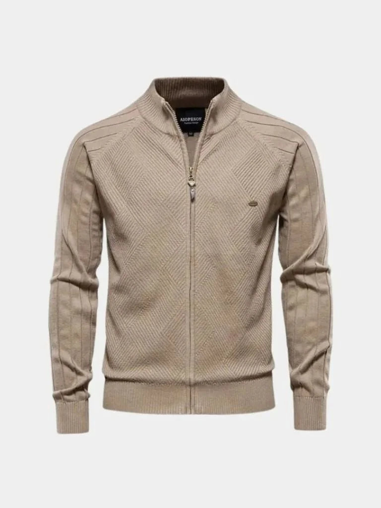 Knit Zipper Jacquard Solid Color Cardigan Sweater — Avelmontis