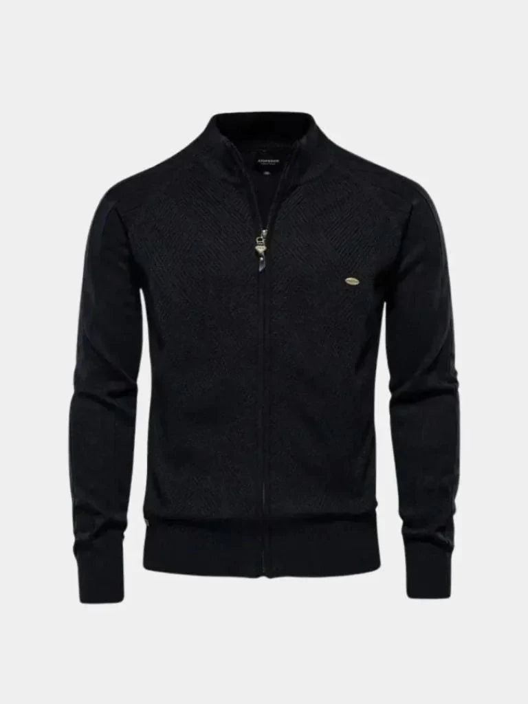 Knit Zipper Jacquard Solid Color Cardigan Sweater — Avelmontis