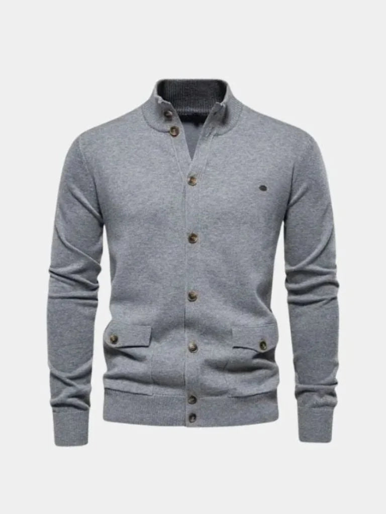 Knitted Stand Collar Cotton Cardigan — Avelmontis