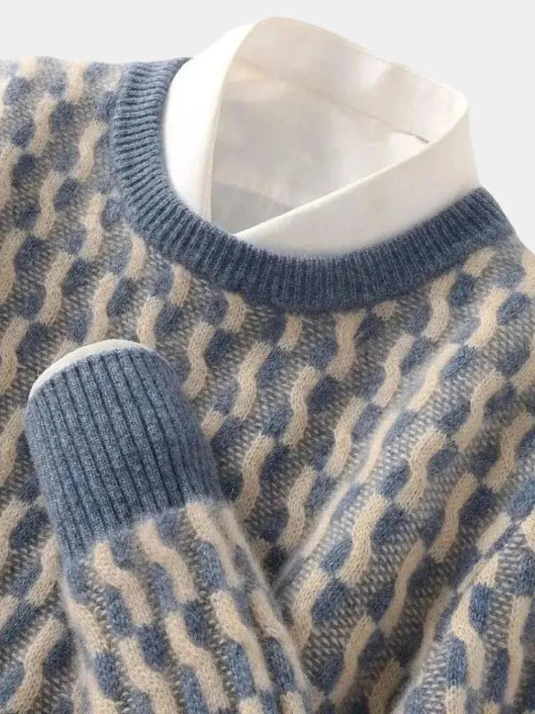 100% Wool Geometric Crew Neck Pullover Sweater | Bellmont Society