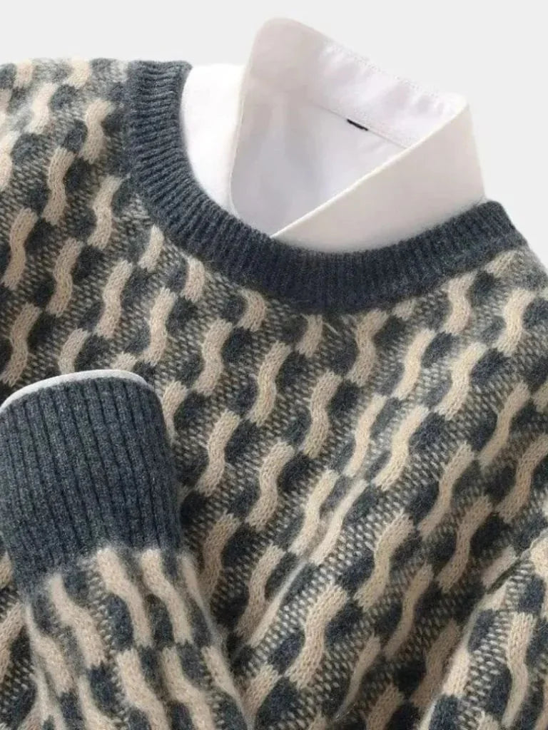 100% Wool Geometric Crew Neck Pullover Sweater | Bellmont Society