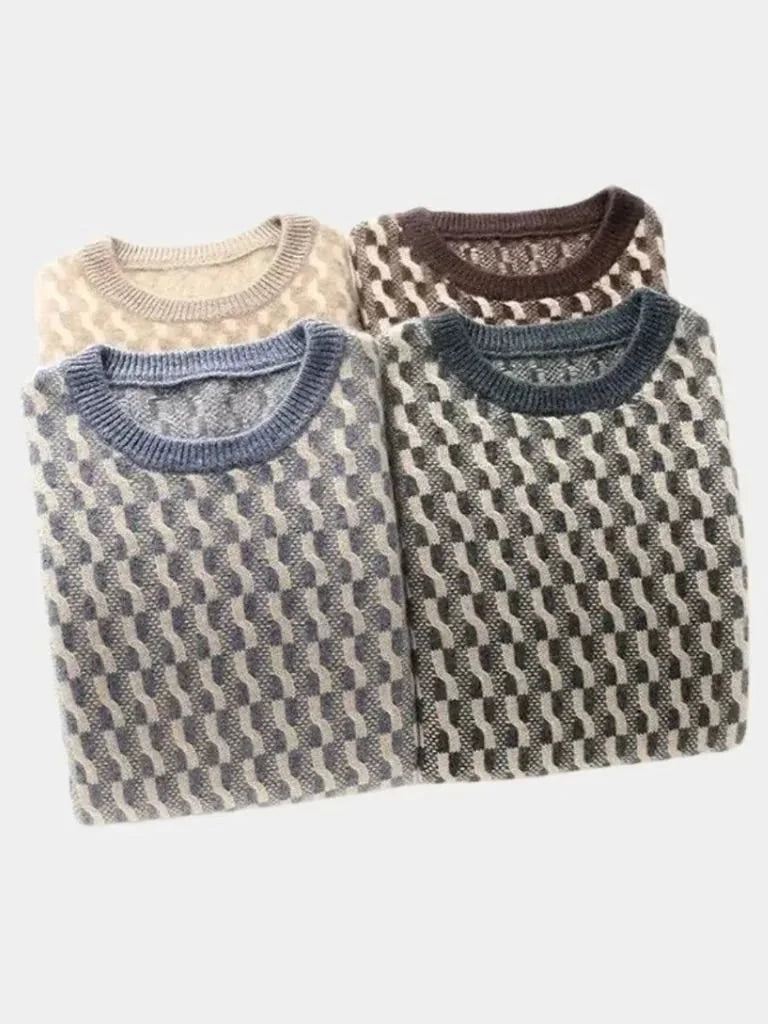 100% Wool Geometric Crew Neck Pullover Sweater | Bellmont Society