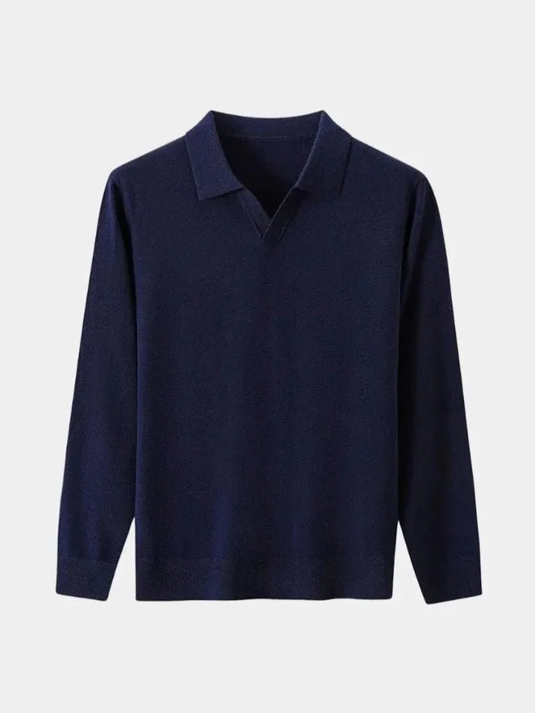 100% Wool Knit V Neck Turndown Polo Pullover | Bellmont Society