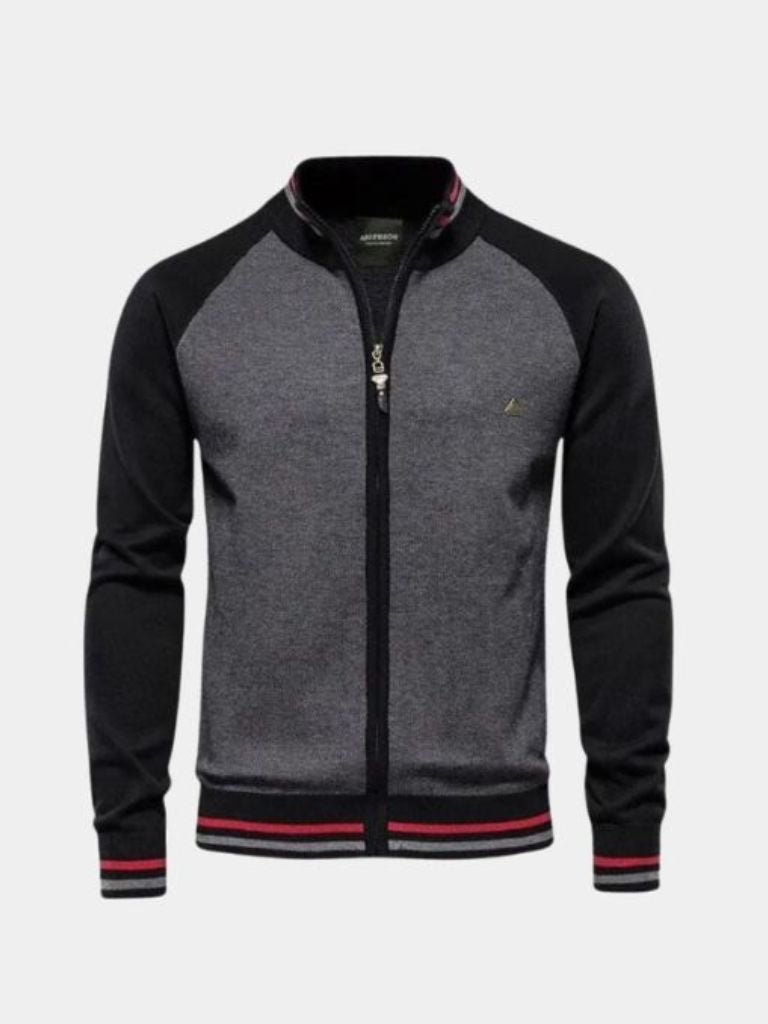 Zipper Color Block Standing Collar Cardigan Sweater - Montierri