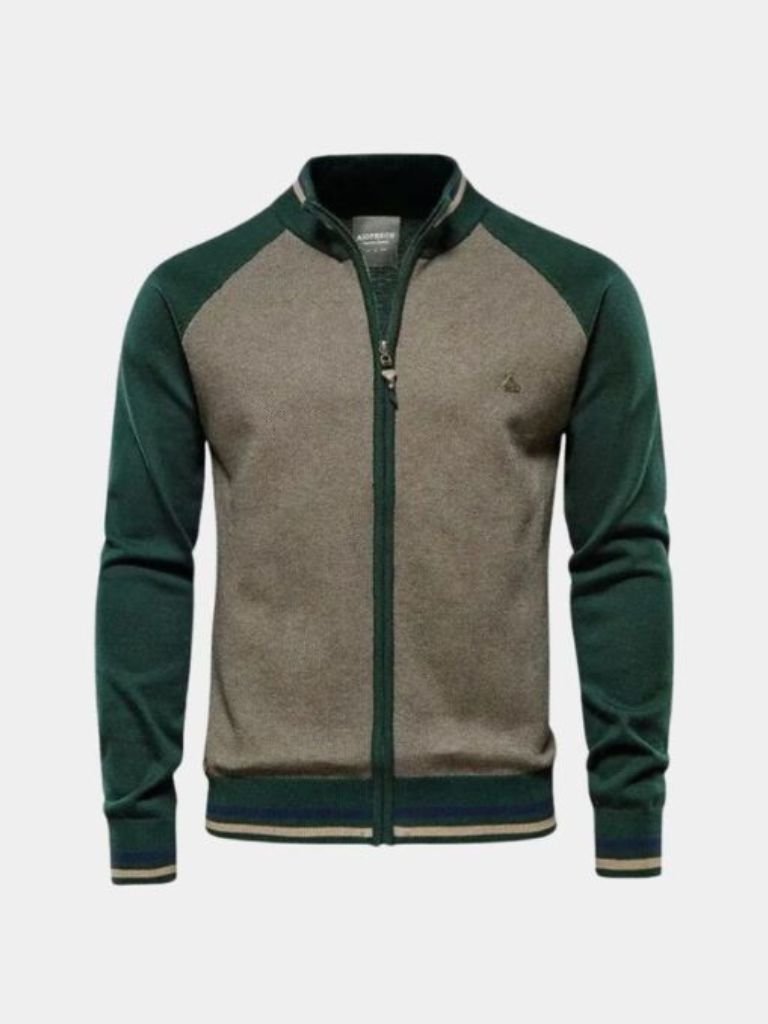 Zipper Color Block Standing Collar Cardigan Sweater - Montierri