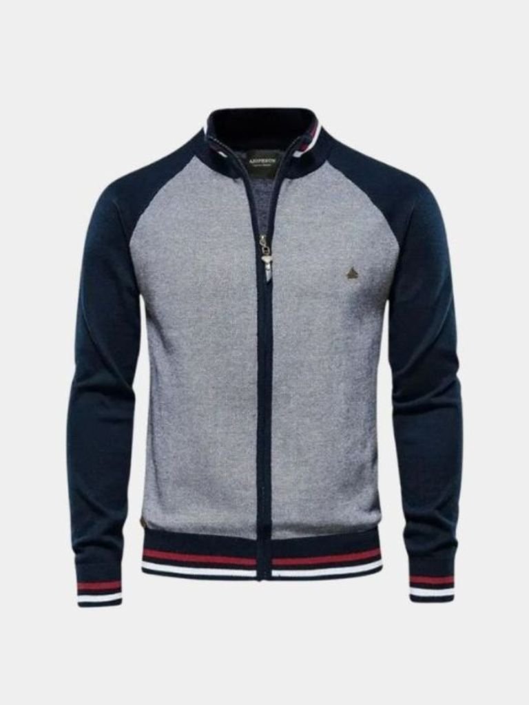 Zipper Color Block Standing Collar Cardigan Sweater - Montierri