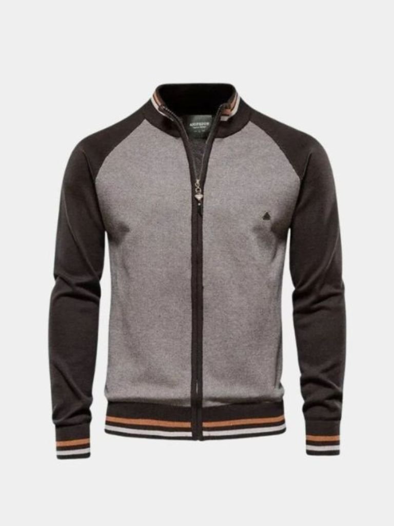 Zipper Color Block Standing Collar Cardigan Sweater - Montierri